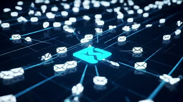 animation of an email marketing concept, showing a central hub sending digital newsletters to a vast network of customers in a seamless, efficient loop