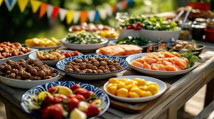 Swedish summer feast with traditional foods outdoors