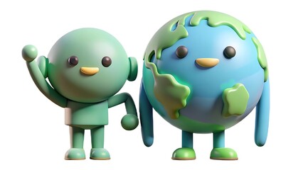 Cute animated earth and friendly alien representing environmental awareness and global collaboration against white background