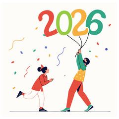 Vector art illustration Happy New Year man & Women-2026