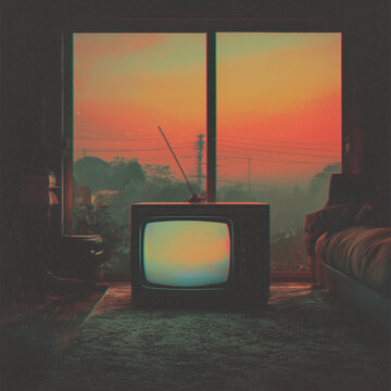 Fototapeta Retro TV in sunset room lo-fi screen wallpaper