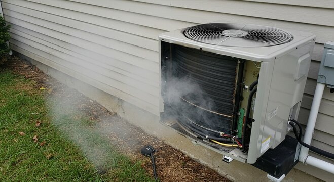 A broken air conditioner with smoke emitting from it, potentially indicating a malfunction or overheating