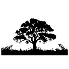Fototapeta premium Grand Oak Tree Silhouette with Grass and Ferns - Nature Vector Art