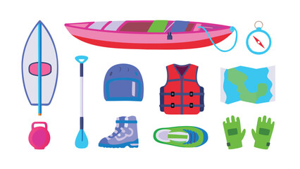 Illustration showing a kayak, surfboard and other water sports related equipment and accessories