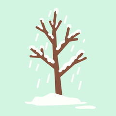 Winter tree with bare branches covered in snow and falling snowflakes. Perfect for seasonal themes, weather graphics, and educational materials.