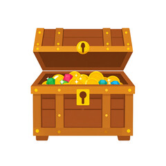 Old wooden treasure chest, open and isolated, filled with gold coins