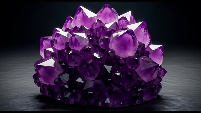 Close up shot of a cluster of amethyst crystals with sharp edges against a dark background scene view