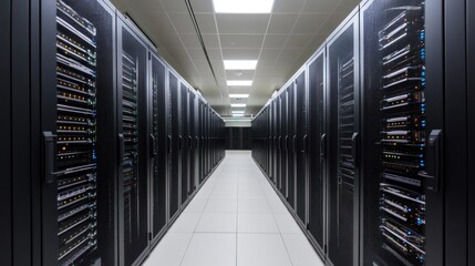 Server room interior, rows of cabinets