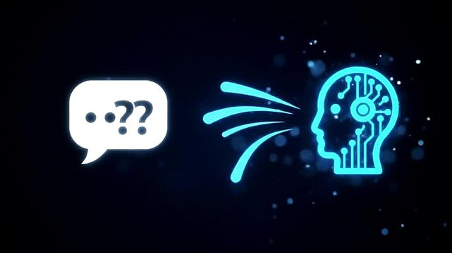 animation of an AI chatbot icon having a conversation with a customer, exchanging data packets on a futuristic interface to provide online service