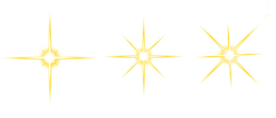 Three different glowing star light in golden color lens flare effect isolated on transparent background. Golden star sparkling effect for awards, celebration, events. PNG 