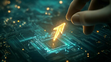 Obraz premium Hand Reaching Towards Neon Arrow on Circuit Board Background