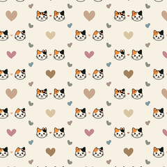 Seamless pattern with cute calico cat faces and hand-drawn hearts in soft earth tones. Ideal for baby products, pet-themed textiles, wrapping paper, and children’s stationery.