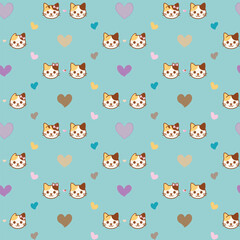 Seamless pattern with cute calico cat faces and hand-drawn hearts in pastel tone. Ideal for baby products, pet-themed textiles, wrapping paper, and children’s stationery.