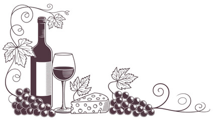 Elegant wine bottle glass cheese grapes and leaves illustration vector