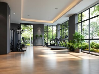 Fototapeta premium Modern Fitness Studio with Bright Windows and Greenery