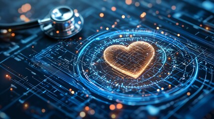 Heart Symbol with Digital Elements and Stethoscope in Medical Concept