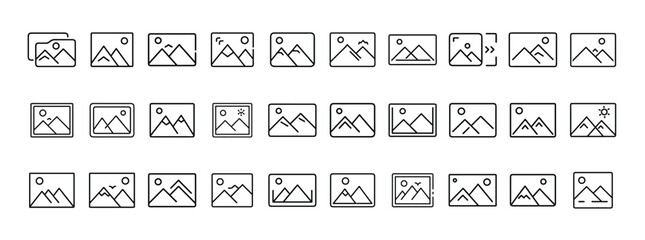 Image gallery, photo frame, landscape picture and photography minimal thin line web icon set. Outline icons collection. Simple vector illustration.