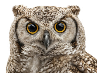 A close-up portrait of an owl, isolated on a white background
