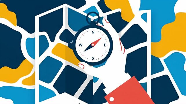 An abstract hand holds a compass over a fractured map, featuring yellow and blue elements