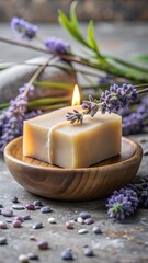 A fragrant lavender candle sits atop a rustic wooden bowl, next to a bar of handmade soap, creating a serene spalike atmosphere