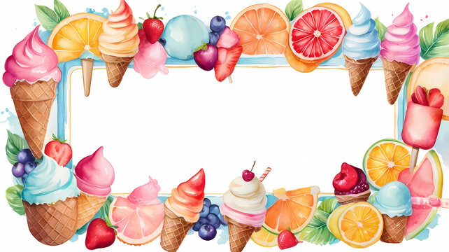 Bright watercolor frame with ice cream cones, popsicles, and fruits. Perfect for summer invitations, kids’ party menus, and sweet branding. Central area is empty for text
