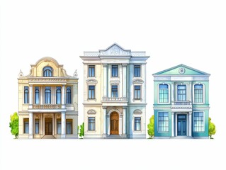 Fototapeta premium Architectural Illustration of Three Distinct Vintage Buildings