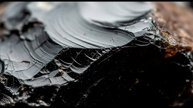 A close up view of a dark obsidian rock with smooth surfaces and sharp edges in detailed macro shot