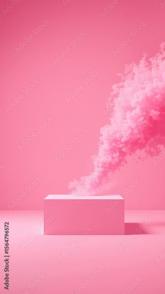 Poster minimalist pink scene featuring a cube platform and a wisp of ethereal cloud creating a dreamy and c