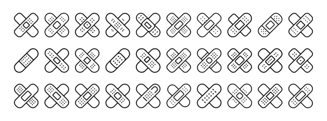 Bandage, medical patch, adhesive plaster, wound care and first aid minimal thin line web icon set. Outline icons collection. Simple vector illustration.