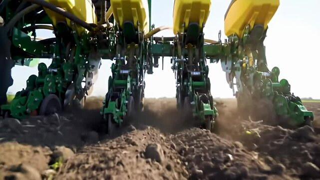 Green and yellow farm implement sows seeds in a dark brown field, dust rising