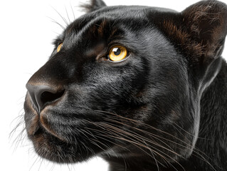 Close-up of a sleek black panther, its golden eyes gleaming with intensity and hidden power, isolated on a white background