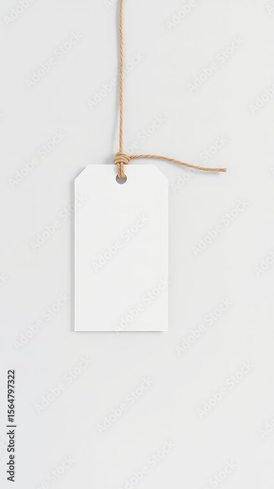 Poster blank white label hanging by a simple twine string on a clean light background, ready for text or de