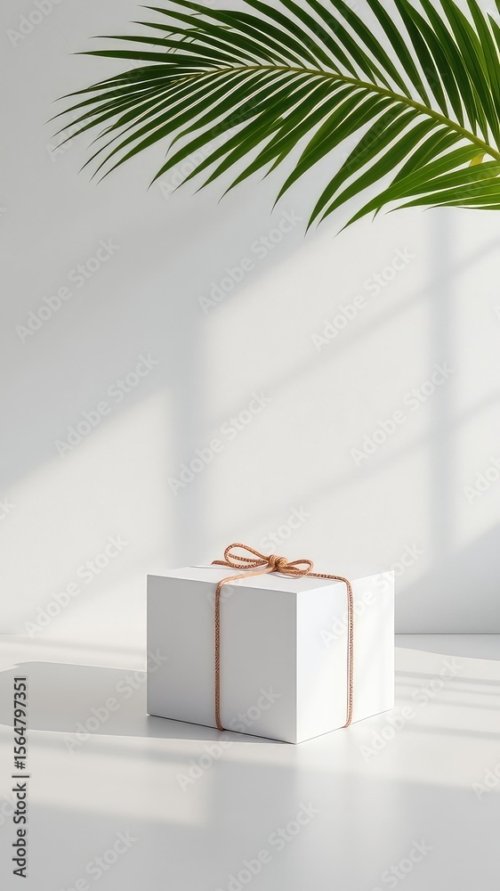 Poster Minimalist display features a wrapped white cube with botanical element and soft window light providing visual interest and bright space