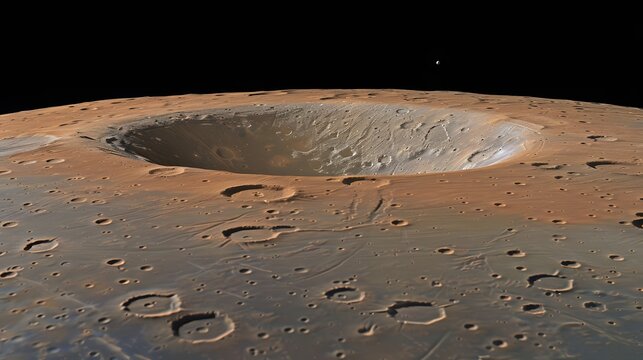 A detailed view of Mercury's polar region, showcasing a large impact crater with permanently shadowed interiors, surrounded by smaller craters on the reddish-brown surface, with a distant moon - Powered by Adobe