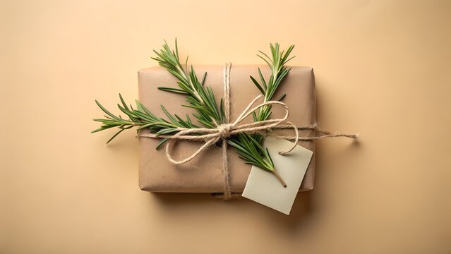 A rustic gift wrapped in brown paper tied with twine and adorned with fresh rosemary sprigs, isolated on a beige background