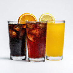 Three Different Sodas Dark Cola Orange Lemon Refreshing Drinks Carbonated Beverages