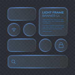 Liquid glass smartphone interface isolated. Blue ui light frame square and circle banner with shine stroke. Control center widget for smartphone and web app, vector illustration.