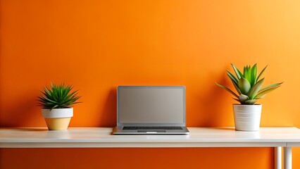 A silver laptop rests on a white desk against a vibrant orange wall, flanked by two potted succulents, creating a minimalist and modern workspace