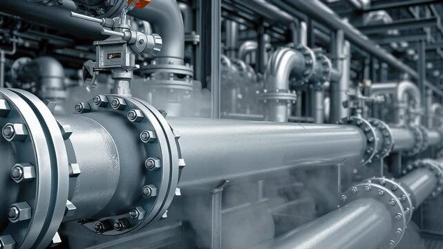 Close-up of a section of a petrochemical plant, focusing on the interwoven pipes and valves, emphasizing the technical detail and precision