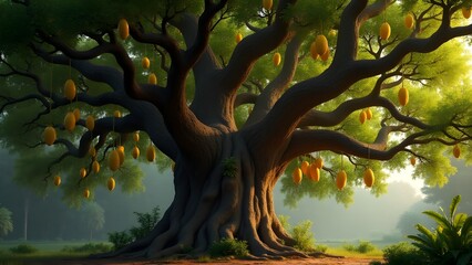 "Large Tropical Mango Tree with Limited Hanging Fruits and Dense Canopy &ndash; 16K Realistic Outdoor Nature Wallpaper with Natural Lighting"