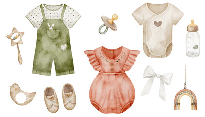 Watercolor illustration of neutral toned Baby Items including clothing, bottle, pacifier, shoes, and accessories. Drawing for childish design, nursery decor, or baby shower and newborn greeting cards