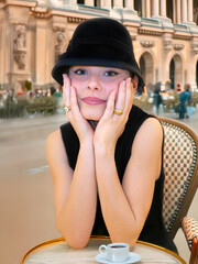 Une femme portant un chapeau noir est assise à un café en plein air avec une tasse d'expresso,...