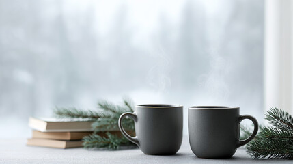 Close-up of two steaming tea cups next to stacked books and pine branches with a snowy window view