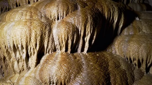 Flowstone formations in a cave, with dripping, mineral-rich water flowing down the rock