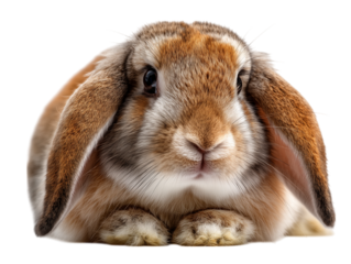 A close-up portrait captures the irresistible charm of a lop-eared rabbit with soft, floppy ears and a captivating gaze, isolated on a white background