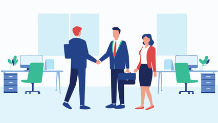 Business handshake in office with woman and desks and computers and plants and window background scene