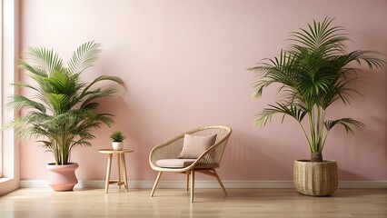 A stylish rattan chair with a pink cushion sits between two potted palm plants in a room with a pale pink wall
