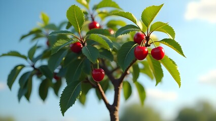 Single Cherry Tree with Sparse Ripe Cherries and Large Branches in Clear Daylight &ndash; Realistic 16K Nature Scene Wallpaper"
