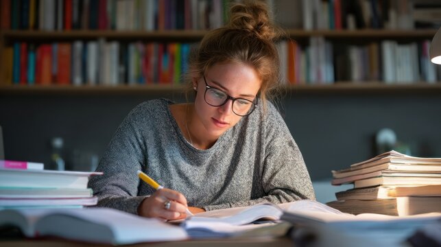 Focused student highlighting notes with multiple books spread out on desk, quiet room