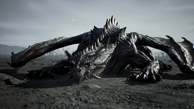 A spiky, dark dragon lies sprawled on a barren, grey landscape with a dull, hazy sky